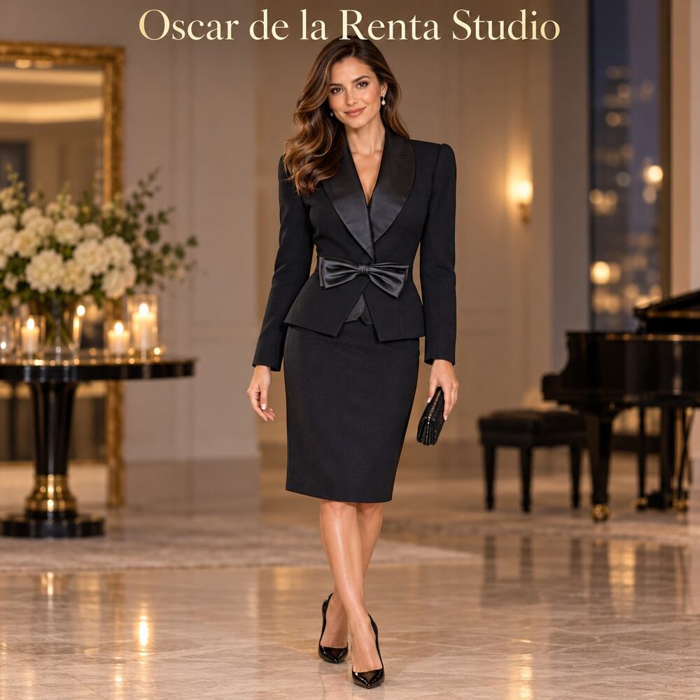 Oscar de la Renta Studio Black Tuxedo Bow Skirt Suit Size 4 Vintage Formal